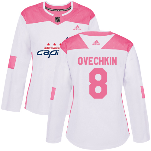 Women's Adidas Washington Capitals #8 Alex Ovechkin Authentic White/Pink Fashion NHL Jersey