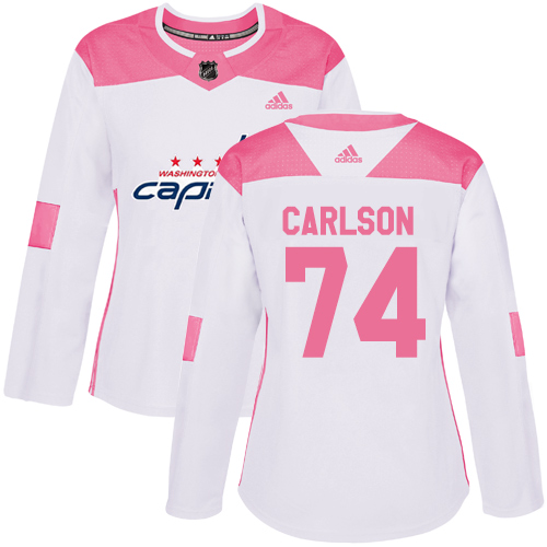 Women's Adidas Washington Capitals #74 John Carlson Authentic White/Pink Fashion NHL Jersey