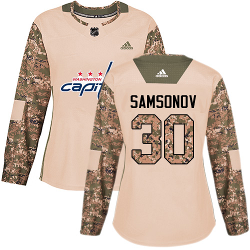 Women's Adidas Washington Capitals #30 Ilya Samsonov Authentic Camo Veterans Day Practice NHL Jersey