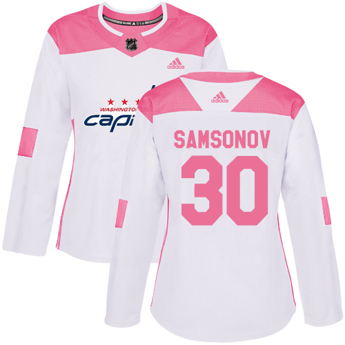 Women's Adidas Washington Capitals #30 Ilya Samsonov Authentic White/Pink Fashion NHL Jersey