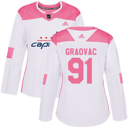 Women's Adidas Washington Capitals #91 Tyler Graovac Authentic White/Pink Fashion NHL Jersey