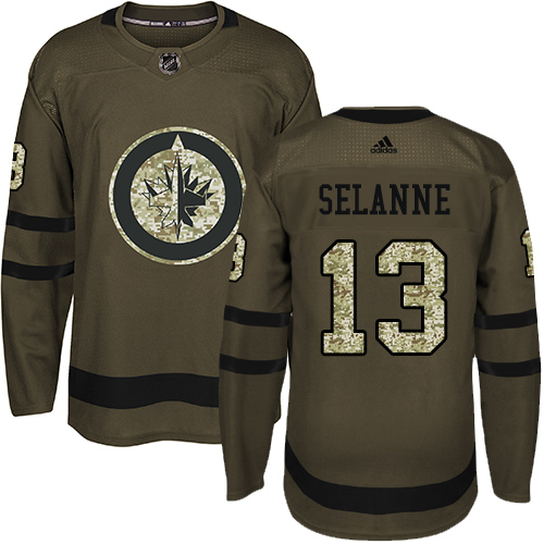 Men's Adidas Winnipeg Jets #13 Teemu Selanne Premier Green Salute to Service NHL Jersey