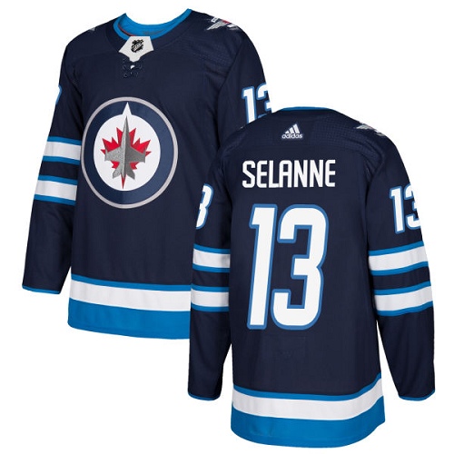 Men's Adidas Winnipeg Jets #13 Teemu Selanne Authentic Navy Blue Home NHL Jersey