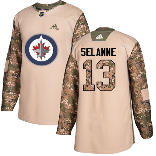 Men's Adidas Winnipeg Jets #13 Teemu Selanne Authentic Camo Veterans Day Practice NHL Jersey