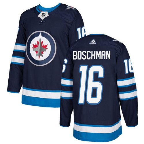 Men's Adidas Winnipeg Jets #16 Laurie Boschman Authentic Navy Blue Home NHL Jersey