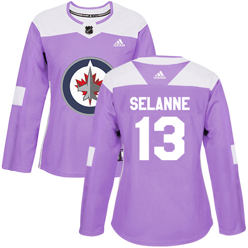 Women's Adidas Winnipeg Jets #13 Teemu Selanne Authentic Purple Fights Cancer Practice NHL Jersey