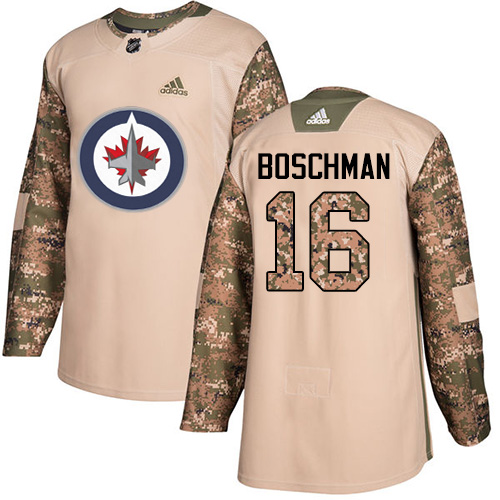 Men's Adidas Winnipeg Jets #16 Laurie Boschman Authentic Camo Veterans Day Practice NHL Jersey