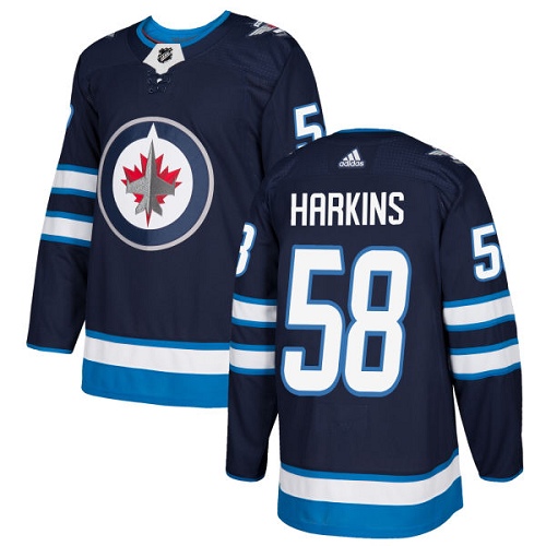 Men's Adidas Winnipeg Jets #58 Jansen Harkins Authentic Navy Blue Home NHL Jersey