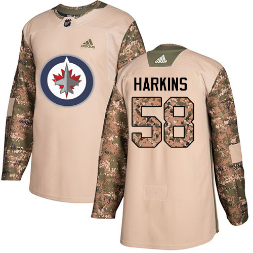 Men's Adidas Winnipeg Jets #58 Jansen Harkins Authentic Camo Veterans Day Practice NHL Jersey