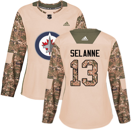 Women's Adidas Winnipeg Jets #13 Teemu Selanne Authentic Camo Veterans Day Practice NHL Jersey