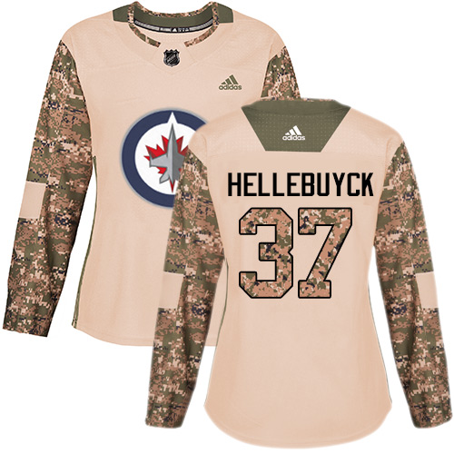 Women's Adidas Winnipeg Jets #37 Connor Hellebuyck Authentic Camo Veterans Day Practice NHL Jersey