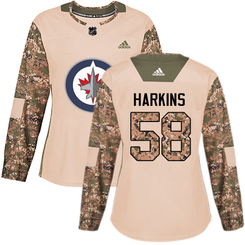 Women's Adidas Winnipeg Jets #58 Jansen Harkins Authentic Camo Veterans Day Practice NHL Jersey