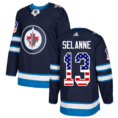 Men's Adidas Winnipeg Jets #13 Teemu Selanne Authentic Navy Blue USA Flag Fashion NHL Jersey