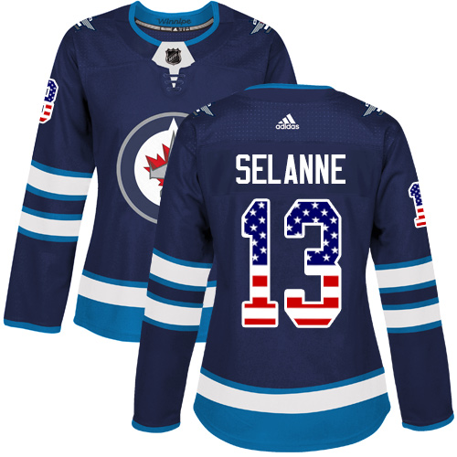 Women's Adidas Winnipeg Jets #13 Teemu Selanne Authentic Navy Blue USA Flag Fashion NHL Jersey