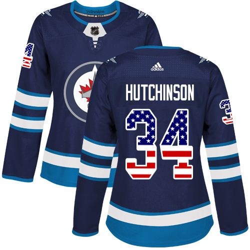 Women's Adidas Winnipeg Jets #34 Michael Hutchinson Authentic Navy Blue USA Flag Fashion NHL Jersey