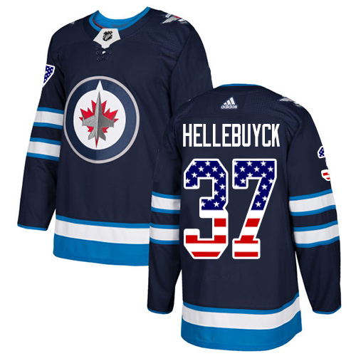 Men's Adidas Winnipeg Jets #37 Connor Hellebuyck Authentic Navy Blue USA Flag Fashion NHL Jersey