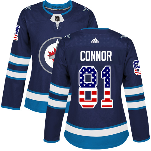 Women's Adidas Winnipeg Jets #81 Kyle Connor Authentic Navy Blue USA Flag Fashion NHL Jersey