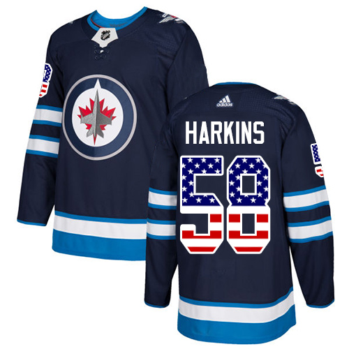 Men's Adidas Winnipeg Jets #58 Jansen Harkins Authentic Navy Blue USA Flag Fashion NHL Jersey