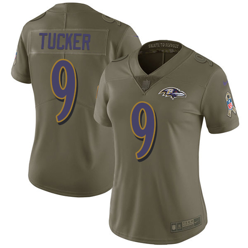 Women's Nike Baltimore Ravens #9 Justin Tucker Limited Olive 2017 Salute to Service NFL Jersey