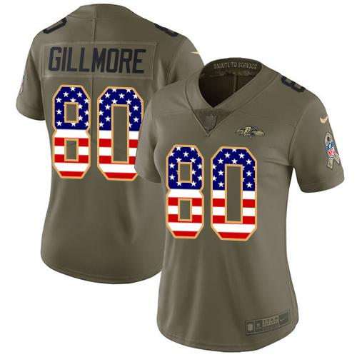 Women's Nike Baltimore Ravens #80 Crockett Gillmore Limited Olive/USA Flag Salute to Service NFL Jersey