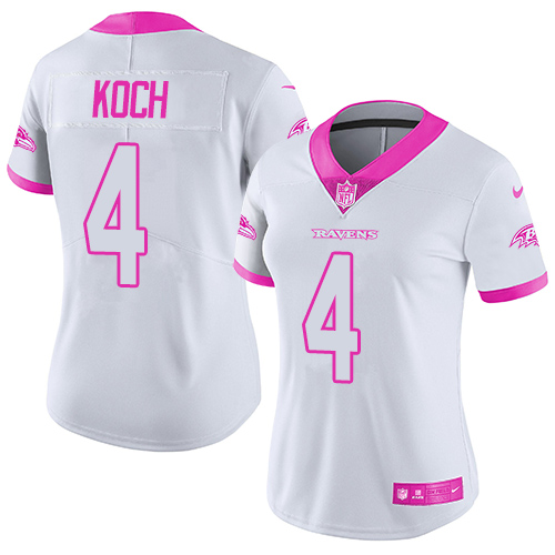 Women's Nike Baltimore Ravens #4 Sam Koch Limited White/Pink Rush Fashion NFL Jersey