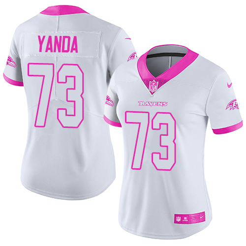 Women's Nike Baltimore Ravens #73 Marshal Yanda Limited White/Pink Rush Fashion NFL Jersey