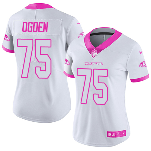 Women's Nike Baltimore Ravens #75 Jonathan Ogden Limited White/Pink Rush Fashion NFL Jersey