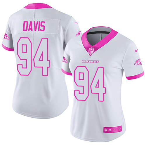 Women's Nike Baltimore Ravens #94 Carl Davis Limited White/Pink Rush Fashion NFL Jersey