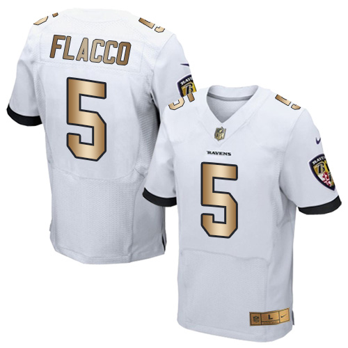 Men's Nike Baltimore Ravens #5 Joe Flacco Elite White/Gold NFL Jersey