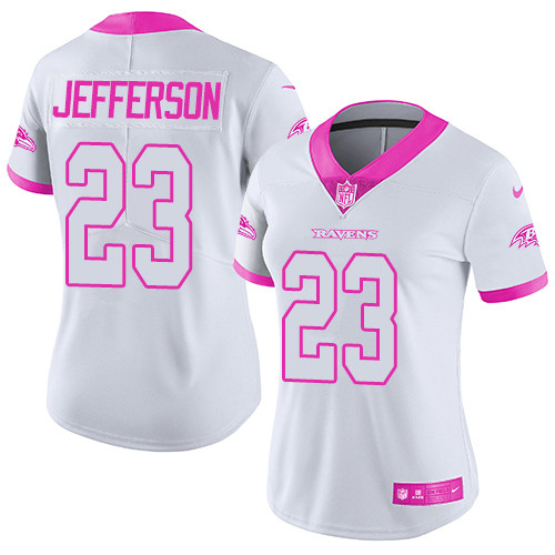 Women's Nike Baltimore Ravens #23 Tony Jefferson Limited White/Pink Rush Fashion NFL Jersey