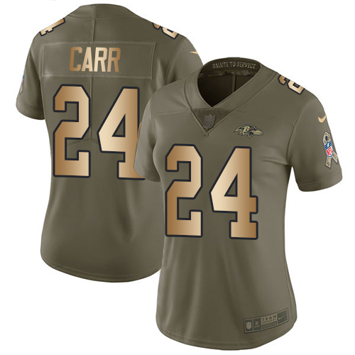Women's Nike Baltimore Ravens #24 Brandon Carr Limited Olive/Gold Salute to Service NFL Jersey
