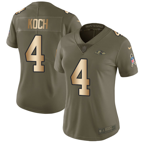 Women's Nike Baltimore Ravens #4 Sam Koch Limited Olive/Gold Salute to Service NFL Jersey