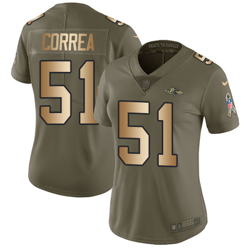 Women's Nike Baltimore Ravens #51 Kamalei Correa Limited Olive/Gold Salute to Service NFL Jersey