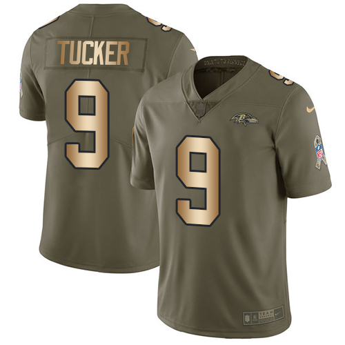 Men's Nike Baltimore Ravens #9 Justin Tucker Limited Olive/Gold Salute to Service NFL Jersey