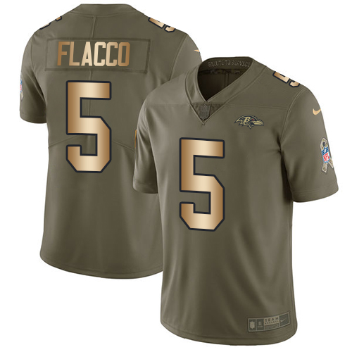 Men's Nike Baltimore Ravens #5 Joe Flacco Limited Olive/Gold Salute to Service NFL Jersey