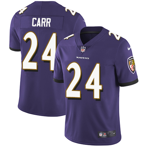 Youth Nike Baltimore Ravens #24 Brandon Carr Purple Team Color Vapor Untouchable Elite Player NFL Jersey