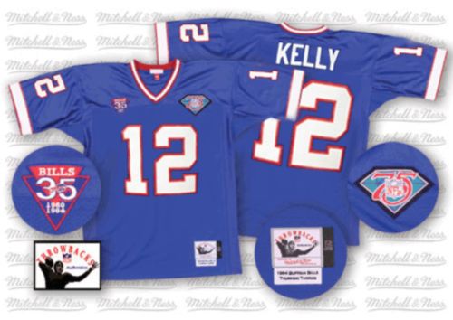 Mitchell And Ness Buffalo Bills #12 Jim Kelly Royal Blue 35th Anniversary Patch Authentic Throwback NFL Jersey