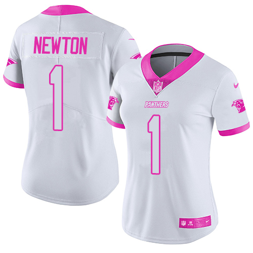 Women's Nike Carolina Panthers #1 Cam Newton Limited White/Pink Rush Fashion NFL Jersey