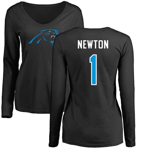 NFL Women's Nike Carolina Panthers #1 Cam Newton Black Name & Number Logo Slim Fit Long Sleeve T-Shirt