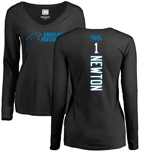 NFL Women's Nike Carolina Panthers #1 Cam Newton Black Backer Slim Fit Long Sleeve T-Shirt