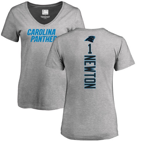 NFL Women's Nike Carolina Panthers #1 Cam Newton Ash Backer V-Neck T-Shirt