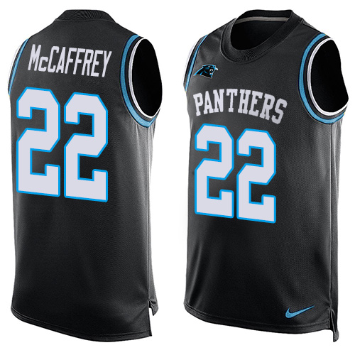 Men's Nike Carolina Panthers #22 Christian McCaffrey Elite Black Player Name & Number Tank Top NFL Jersey