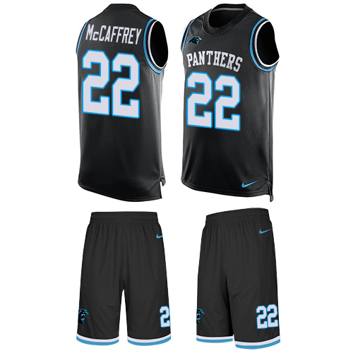 Men's Nike Carolina Panthers #22 Christian McCaffrey Limited Black Tank Top Suit NFL Jersey
