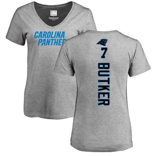 NFL Women's Nike Carolina Panthers #7 Harrison Butker Ash Backer V-Neck T-Shirt