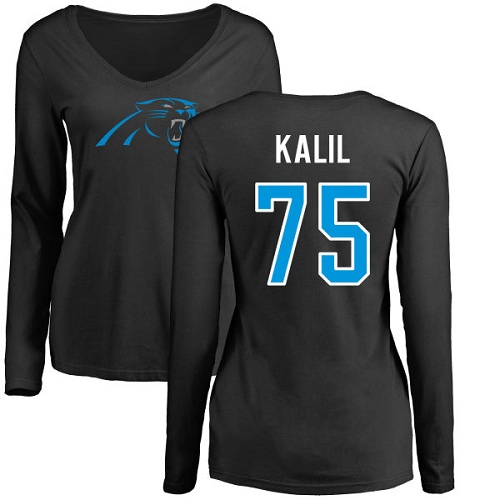 NFL Women's Nike Carolina Panthers #75 Matt Kalil Black Name & Number Logo Slim Fit Long Sleeve T-Shirt