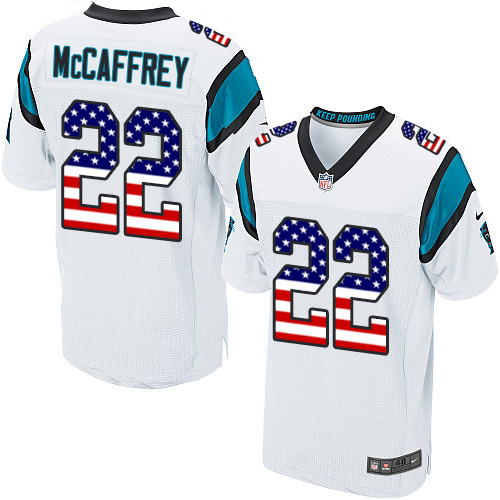 Men's Nike Carolina Panthers #22 Christian McCaffrey Elite White Road USA Flag Fashion NFL Jersey