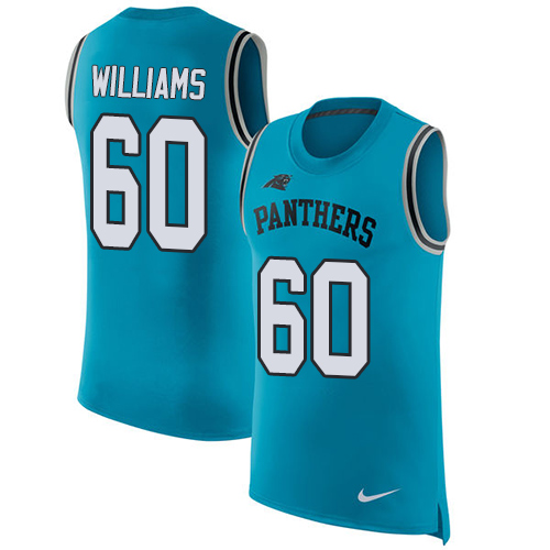 Men's Nike Carolina Panthers #60 Daryl Williams Blue Rush Player Name & Number Tank Top NFL Jersey