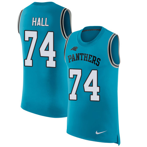 Men's Nike Carolina Panthers #74 Daeshon Hall Blue Rush Player Name & Number Tank Top NFL Jersey