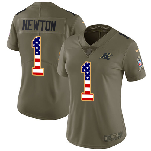 Women's Nike Carolina Panthers #1 Cam Newton Limited Olive/USA Flag 2017 Salute to Service NFL Jersey