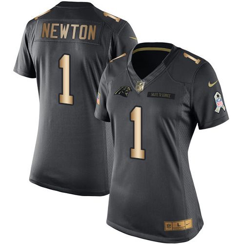 Women's Nike Carolina Panthers #1 Cam Newton Limited Black/Gold Salute to Service NFL Jersey